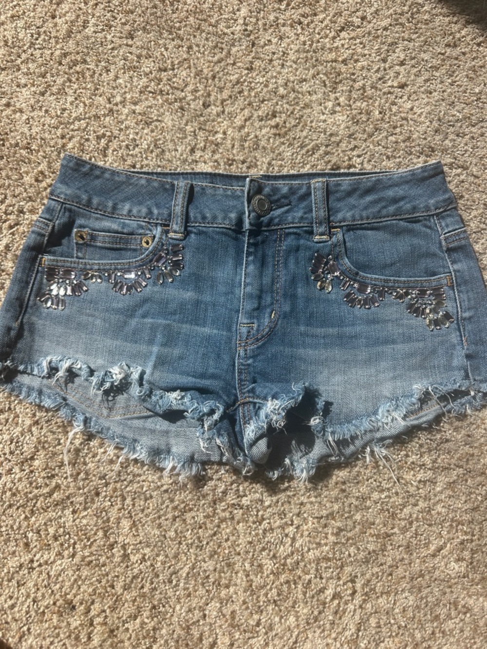 Denim Fringe Jean Shorts with Rhinestone Pocket Detail - Blue